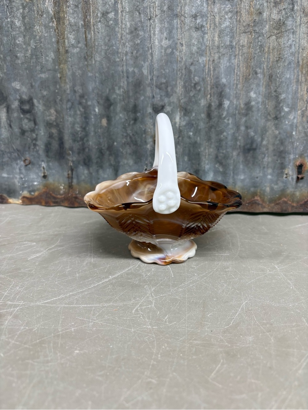 Imperial Caramel Slag Swirl Glass Basket Oval
Handle